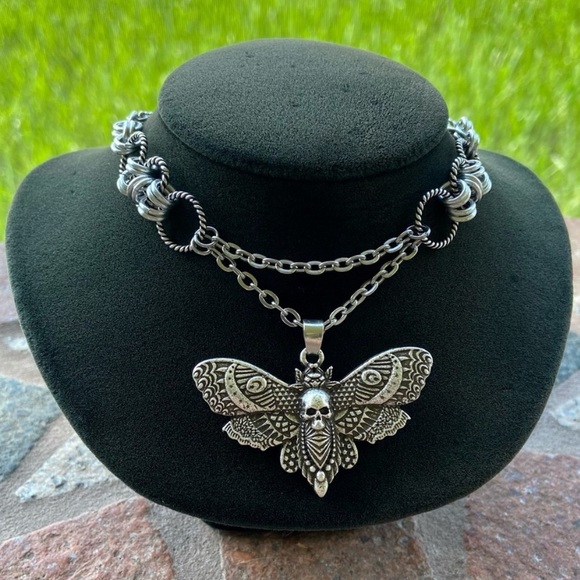 Silverskylight Jewelry - Handmade Chocker maille chain with moth skull moon design charm necklace boho